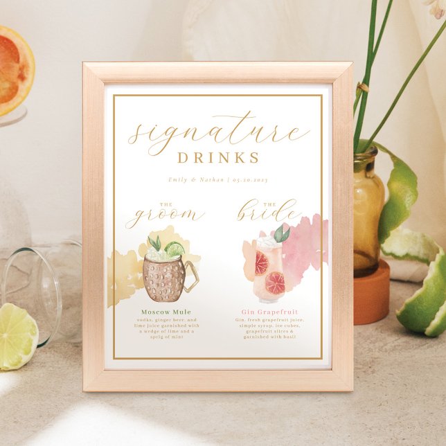 Bride & Groom Signature Drinks Watercolor Cocktail Poster (Creator Uploaded)