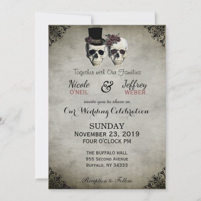 Bride & Groom Skull Goth Rustic Wedding Invitation (Front)