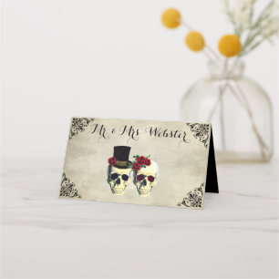 Bride & Groom Skull Goth Rustic Wedding Place Card