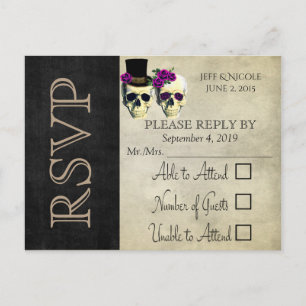 Bride & Groom Skull Purple Rustic Wedding RSVP Invitation Postcard