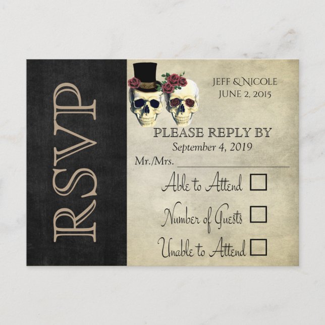 Bride & Groom Skull Teal Rose Wedding RSVP Invitation Postcard (Front)
