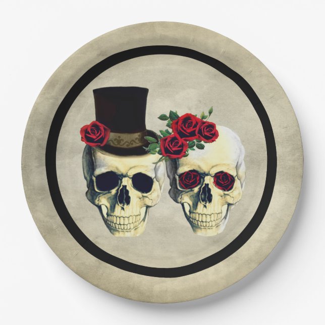Bride & Groom Skull Wedding Paper Plate (Front)