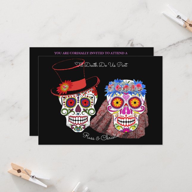 Bride & Groom Sugar Skulls Til Death Do Us Party Invitation (Front/Back In Situ)