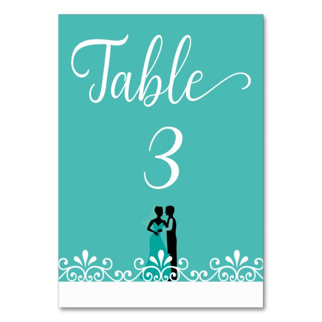 Bride Groom Teal White Elegant Wedding Table Number (Front)