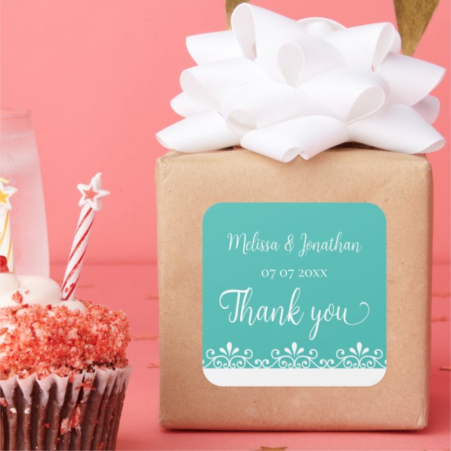 Bride Groom Teal White Elegant Wedding Thank you Square Sticker (Party)