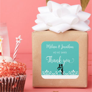 Bride Groom Teal White Elegant Wedding Thank you Square Sticker