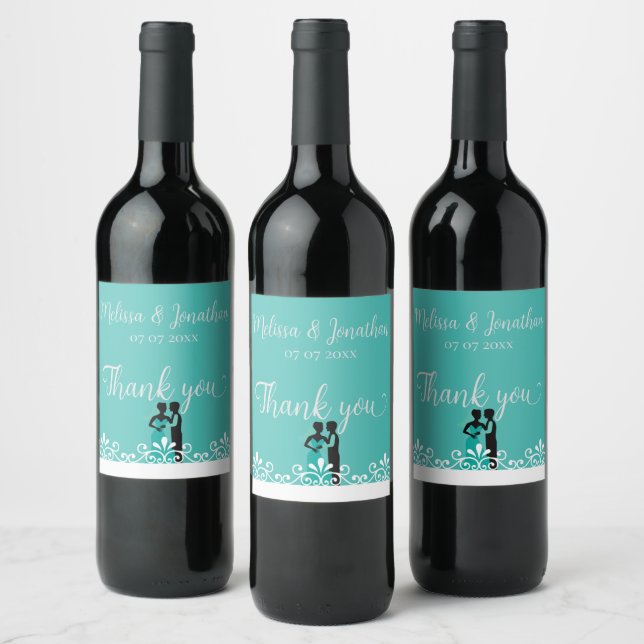 Bride Groom Teal White Elegant Wedding Thank you Wine Label (Bottles)