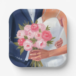Bride & Groom Wedding Bouquet Watercolor Painted Paper Plate