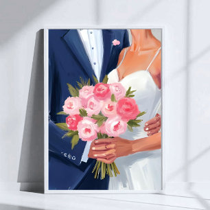 Bride & Groom Wedding Bouquet Watercolor Painted Poster