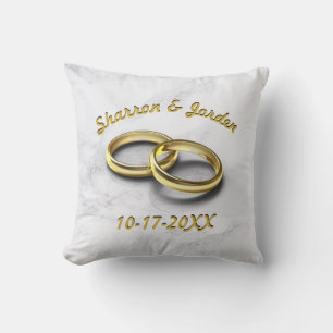 Bride & Groom Wedding Date Gold Rings Personalised Cushion