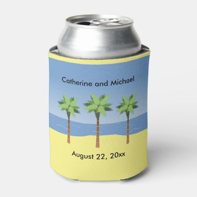 Bride Groom Wedding Favour Tropical Beach Palm Tre Can Cooler (Can Front)