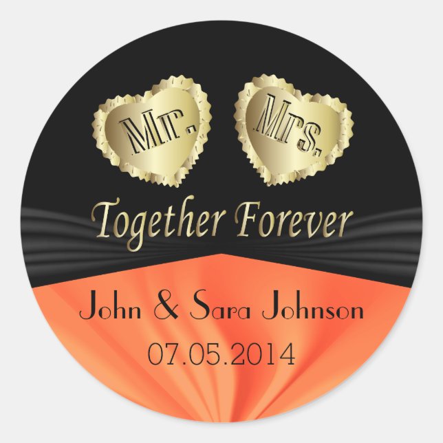 Bride & Groom Wedding in Orange | Personalise Classic Round Sticker (Front)