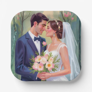 Bride & Groom   Wedding Newlyweds Watercolor Paper Plate
