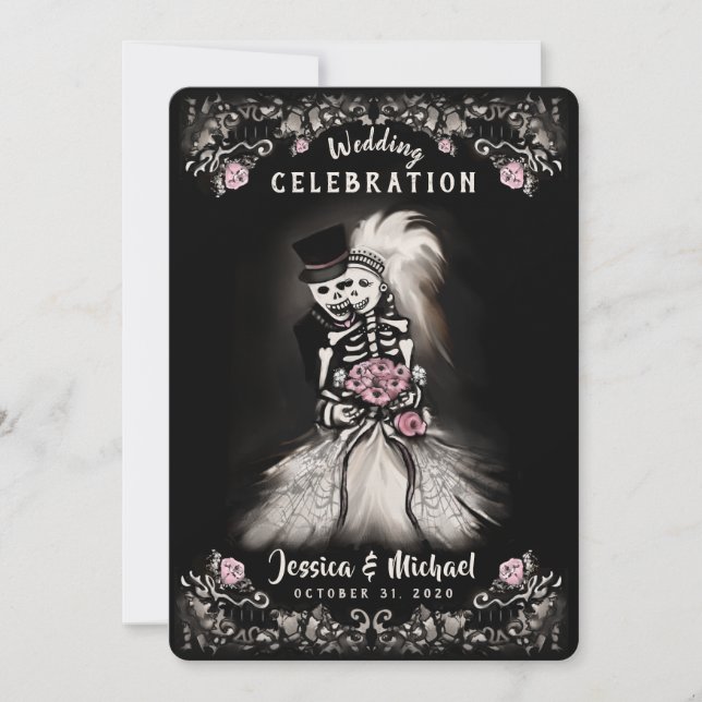 Bride Groom Wedding Skeletons Cemetery Love Invite (Front)