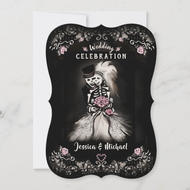 Bride Groom Wedding Skeletons Cemetery Love Invite (Front)