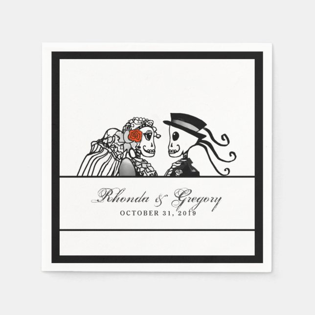 Bride & Groom Wedding Skeletons Red Rose Names Napkin (Front)