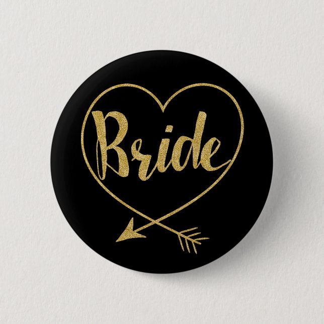 Bride | Heart Golden and Black 6 Cm Round Badge (Front)