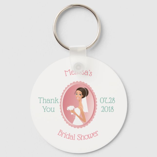 Bride in a Veil Holding Flowers Bridal Shower Key Ring (Front)