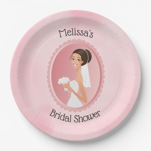 Bride in a Veil Holding Flowers Bridal Shower Paper Plate (Front)