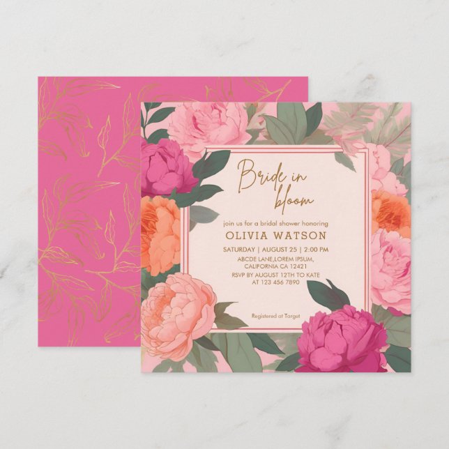 Bride in bloom pink and gold floral bridal shower invitation (Front/Back)