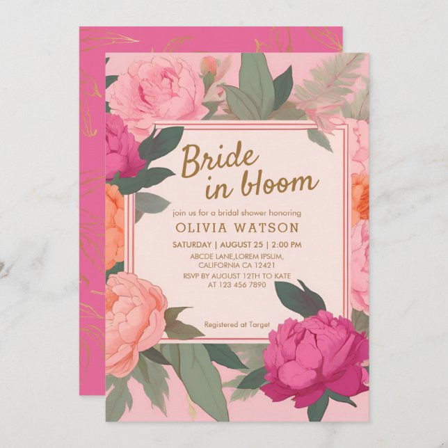 Bride in bloom pink and gold floral bridal shower invitation (Front/Back)