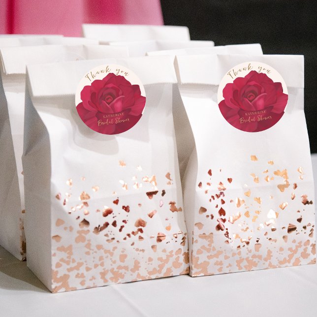 Bride in bloom rose and gold floral bridal shower classic round sticker (Creator Uploaded)