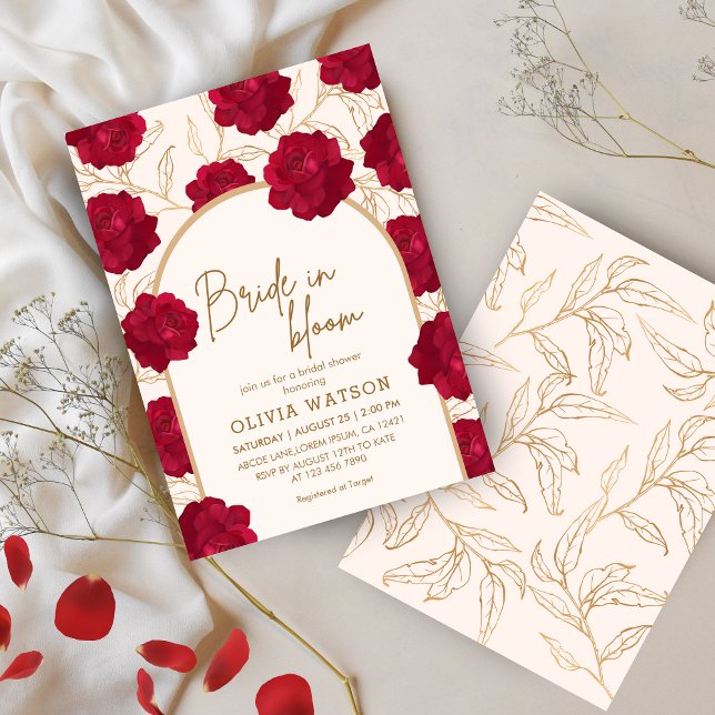 Bride in bloom rose and gold floral bridal shower invitation (Creator Uploaded)