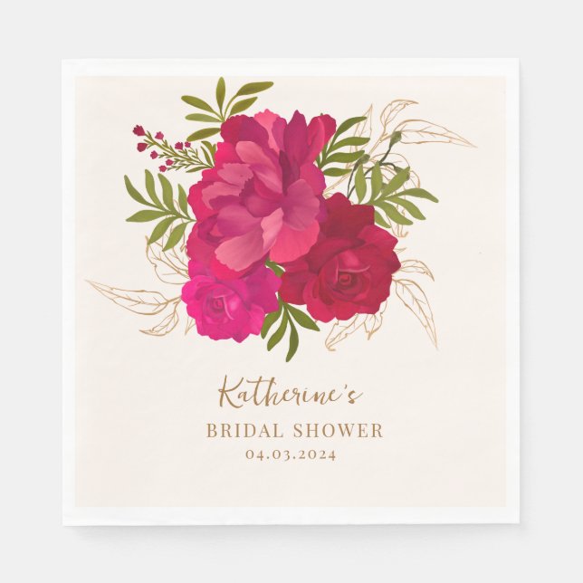 Bride in bloom rose and gold floral bridal shower napkin (Front)