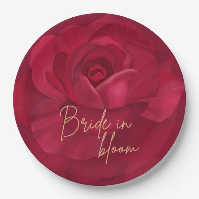 Bride in bloom rose and gold floral bridal shower paper plate (Front)