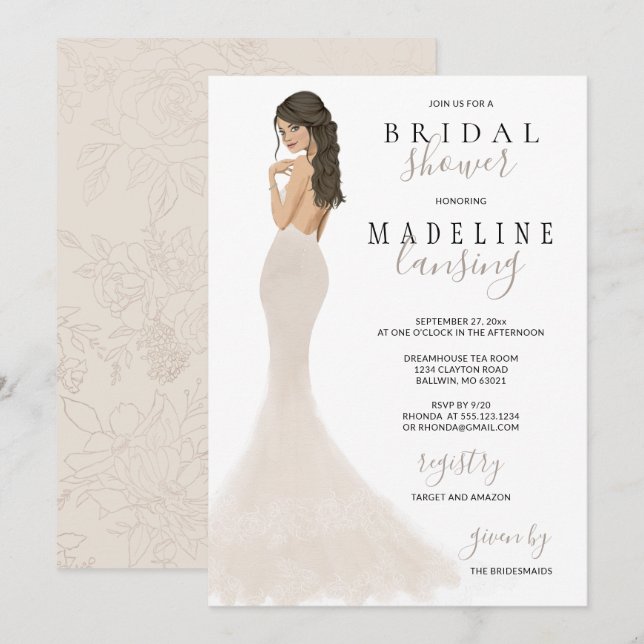 Bride in Champagne Lace Gown Bridal Shower Invitat Invitation (Front/Back)
