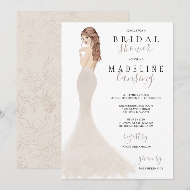 Bride in Champagne Lace Gown Bridal Shower Invitat Invitation (Front/Back)