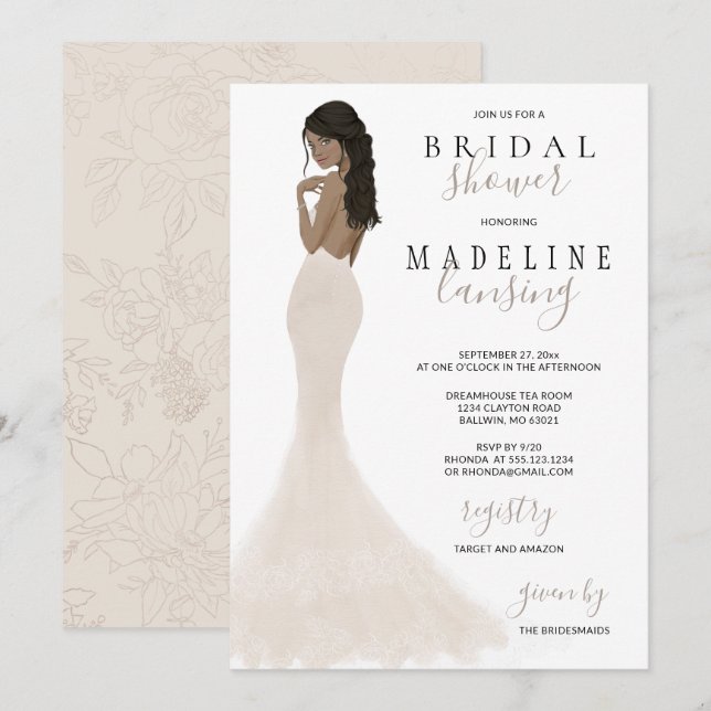 Bride in Champagne Lace Gown Bridal Shower Invitat Invitation (Front/Back)