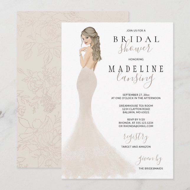 Bride in Champagne Lace Gown Bridal Shower Invitat Invitation (Front/Back)