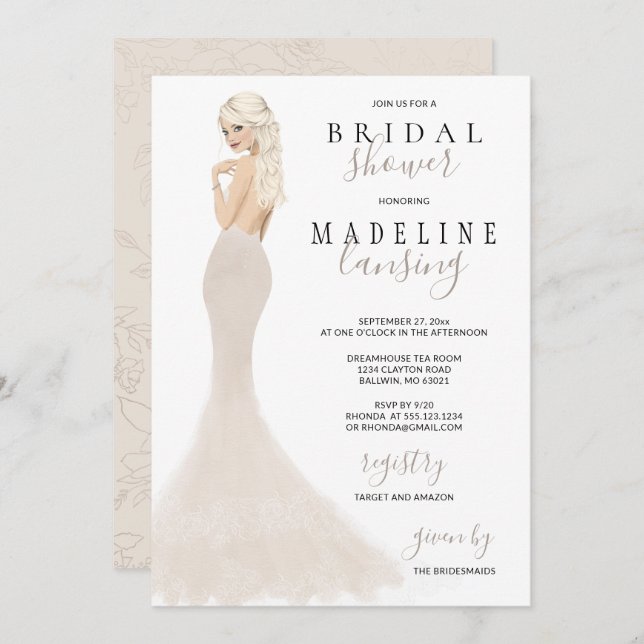 Bride in Champagne Lace Gown Bridal Shower Invitat Invitation (Front/Back)