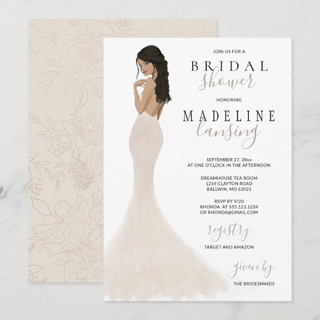 Bride in Champagne Lace Gown Bridal Shower Invitation (Front/Back)