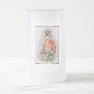Bride in Chinese Red Wedding Shanghai Yuefenpai Frosted Glass Beer Mug
