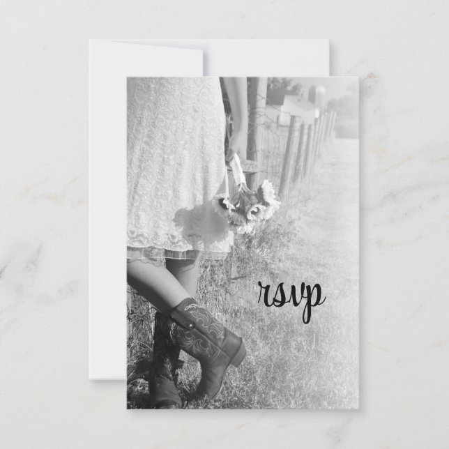 Bride in Cowboy Boots with Sunflowers Wedding RSVP (Front)