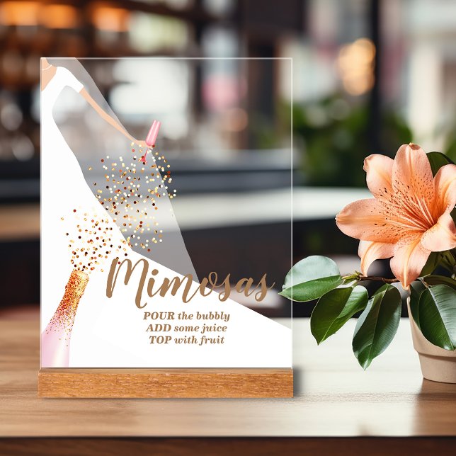 Bride in Gown Bridal Shower Mimosa Bar Acrylic Sign (Champagne spray bride in gown bridal shower mimosa bar clear acrylic sign)