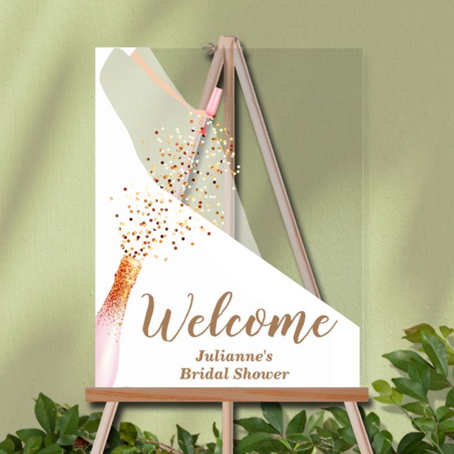 Bride in Gown Bridal Shower Welcome Acrylic Sign (Bride in wedding gown with champagne bridal shower Welcome acrylic sign)