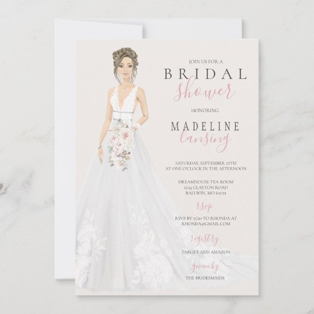 Bride in Lace Wedding Gown Bridal Shower Invitation (Front)