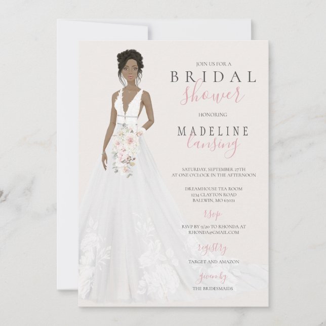 Bride in Lace Wedding Gown Bridal Shower Invitation (Front)