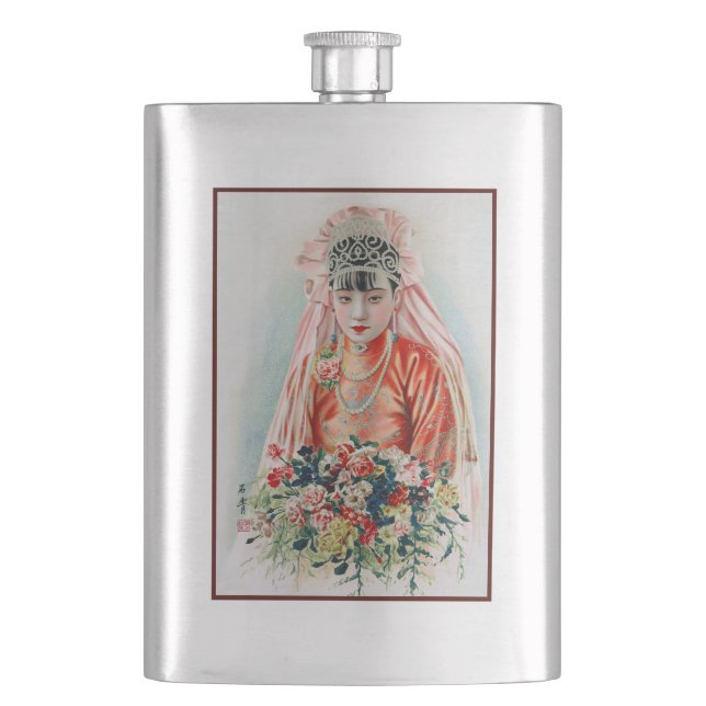 Bride in Red at Chinese Wedding in Shanghai Hip Flask (Front)