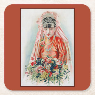 Bride in Red at Chinese Wedding in Shanghai Square Paper Coaster