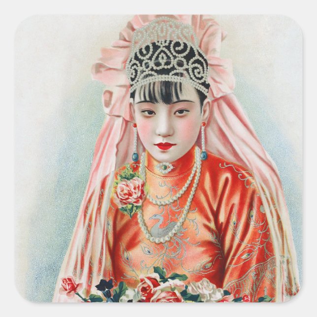 Bride in Red at Chinese Wedding in Shanghai Square Sticker (Front)
