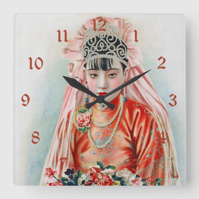 Bride in Red at Chinese Wedding in Shanghai Square Wall Clock (Front)