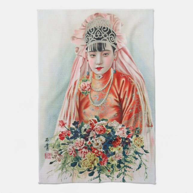 Bride in Red at Chinese Wedding in Shanghai Tea Towel (Vertical)