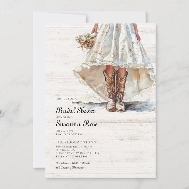 Bride In Wedding Dress Cowgirl Boots Bridal Shower Invitation (Front)