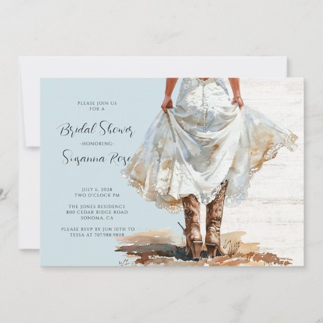 Bride In Wedding Dress Cowgirl Boots In Invitation (Front)