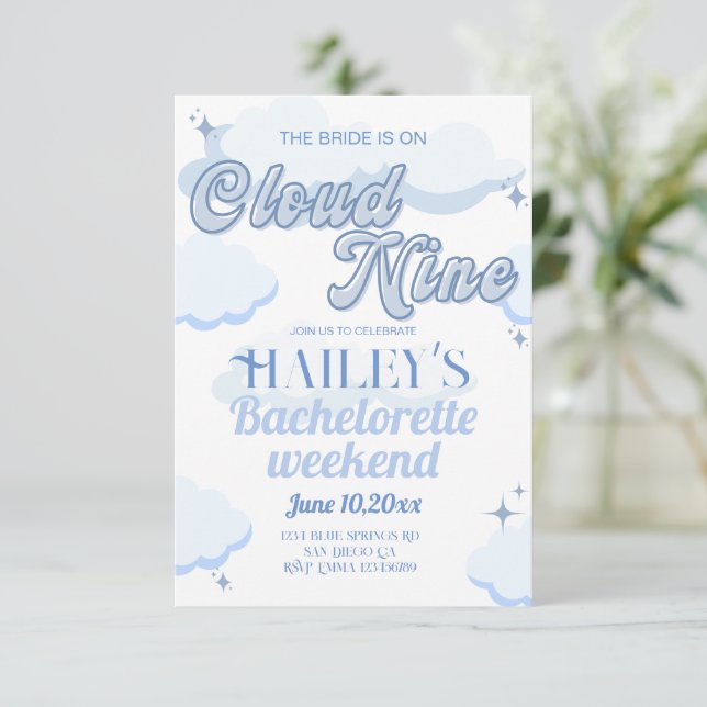Bride is on cloud nine bachelorette invitation (Standing Front)