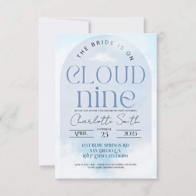 Bride is on cloud nine bachelorette party invitati invitation (Front)
